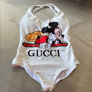 Gucci White One-Piece Swimsuit with Mickey Graphic and Red-Green Stripe